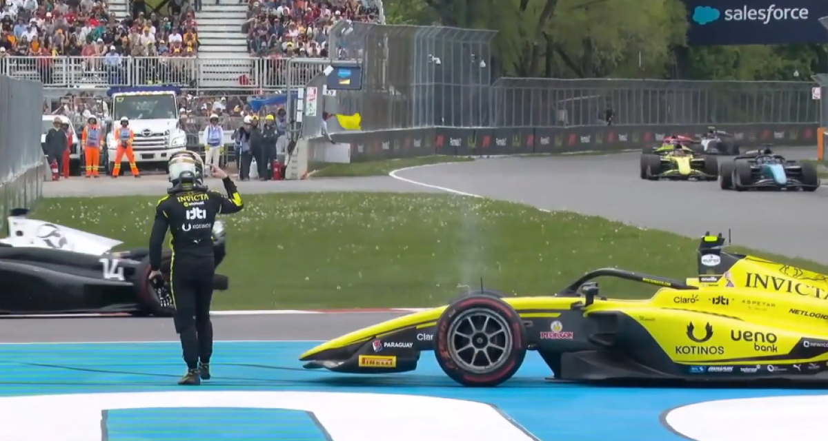 F2: "¿Estás loco?": el gesto de Durksen a Dunne tras el toque en la carrera sprint en Canadá