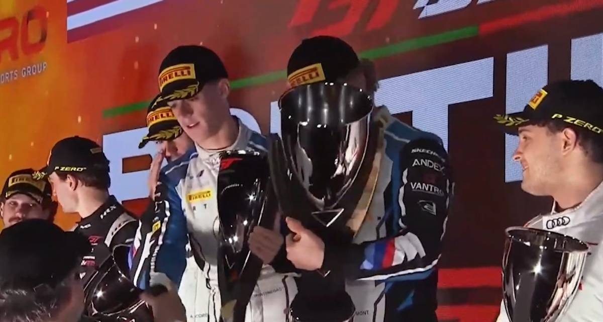 Montenegro y los festejos en el podio de Portimão tras otra victoria en el GT World Challenge