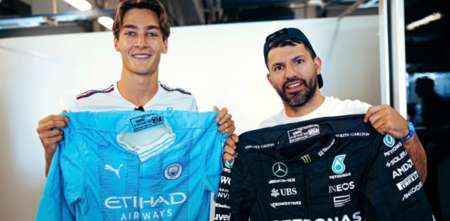 F1: ¡Para el museo! Russell y el Kun Aguero cambiaron buzos en Abu Dhabi