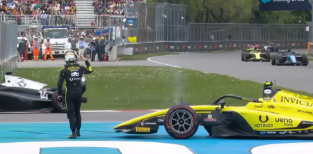F2: "¿Estás loco?": el gesto de Durksen a Dunne tras el toque en la carrera sprint en Canadá
