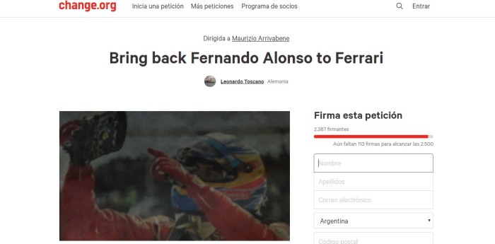 Piden a una ONG la vuelta de Alonso a Ferrari